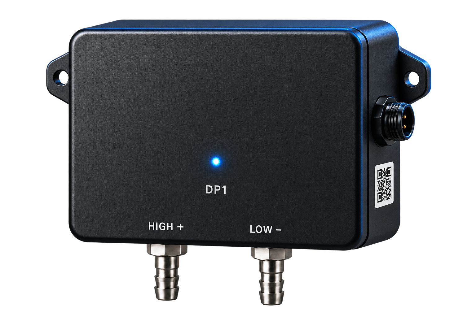 Nubis Air DP1 differential-pressure monitor with high and low pressure connections and a blue status light