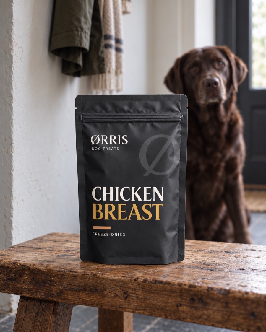 ØRRIS chicken-breast treats with gold-accented packaging on a wooden bench, with a dog in the background