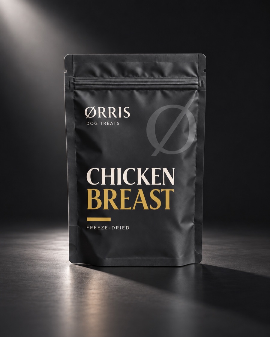 ØRRIS chicken-breast dog treats in black packaging with gold accents
